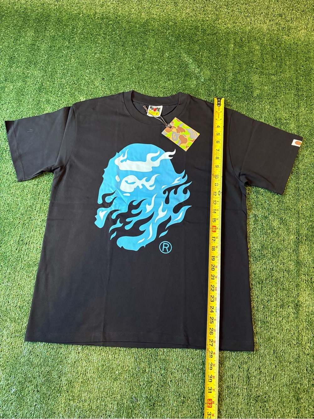 Bape Black Tee with Bright Blue Flame Ape Logo - Picture 3 of 11